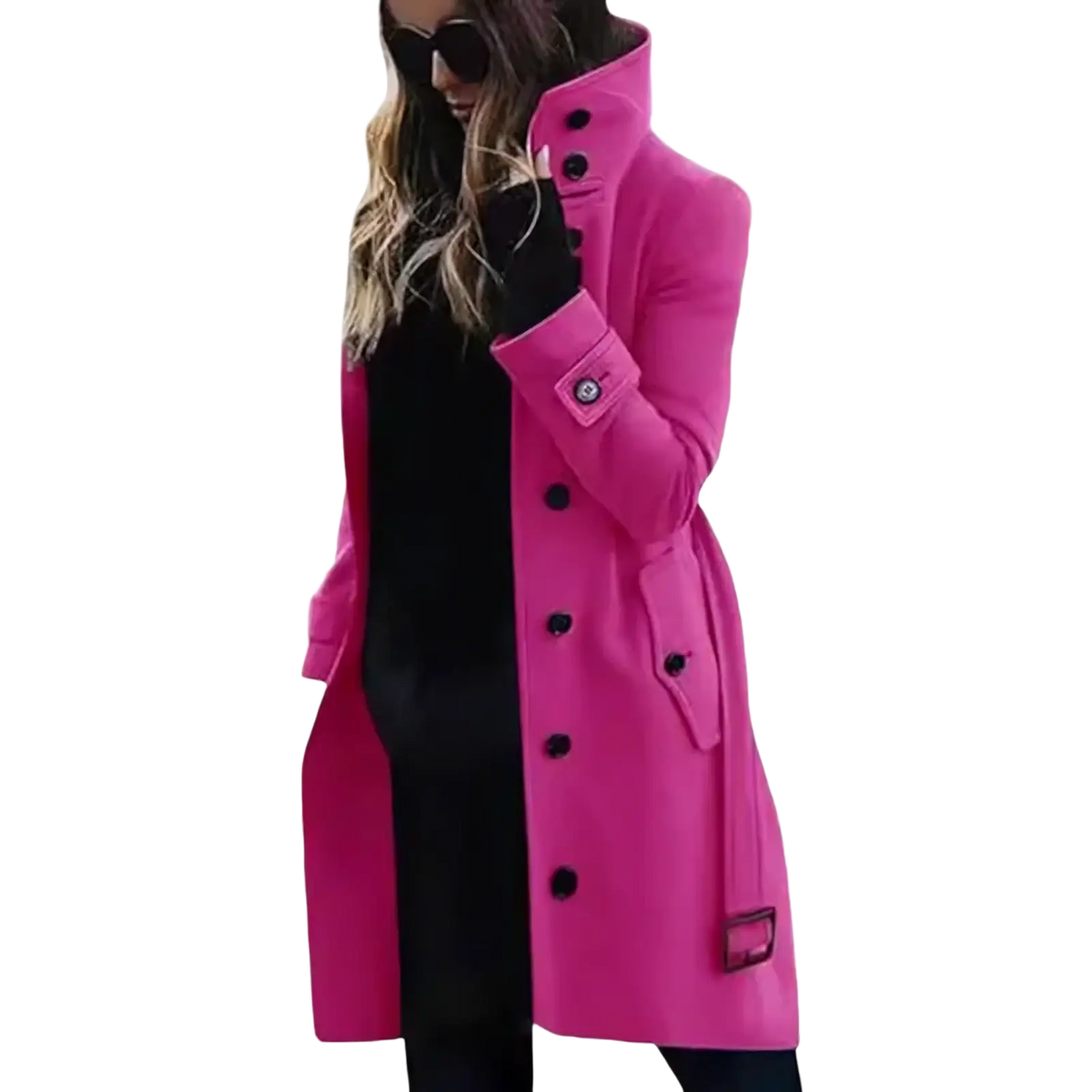 Women wool trench coat winter outerwear in vibrant fuchsia with black buttons and classic double-breasted design