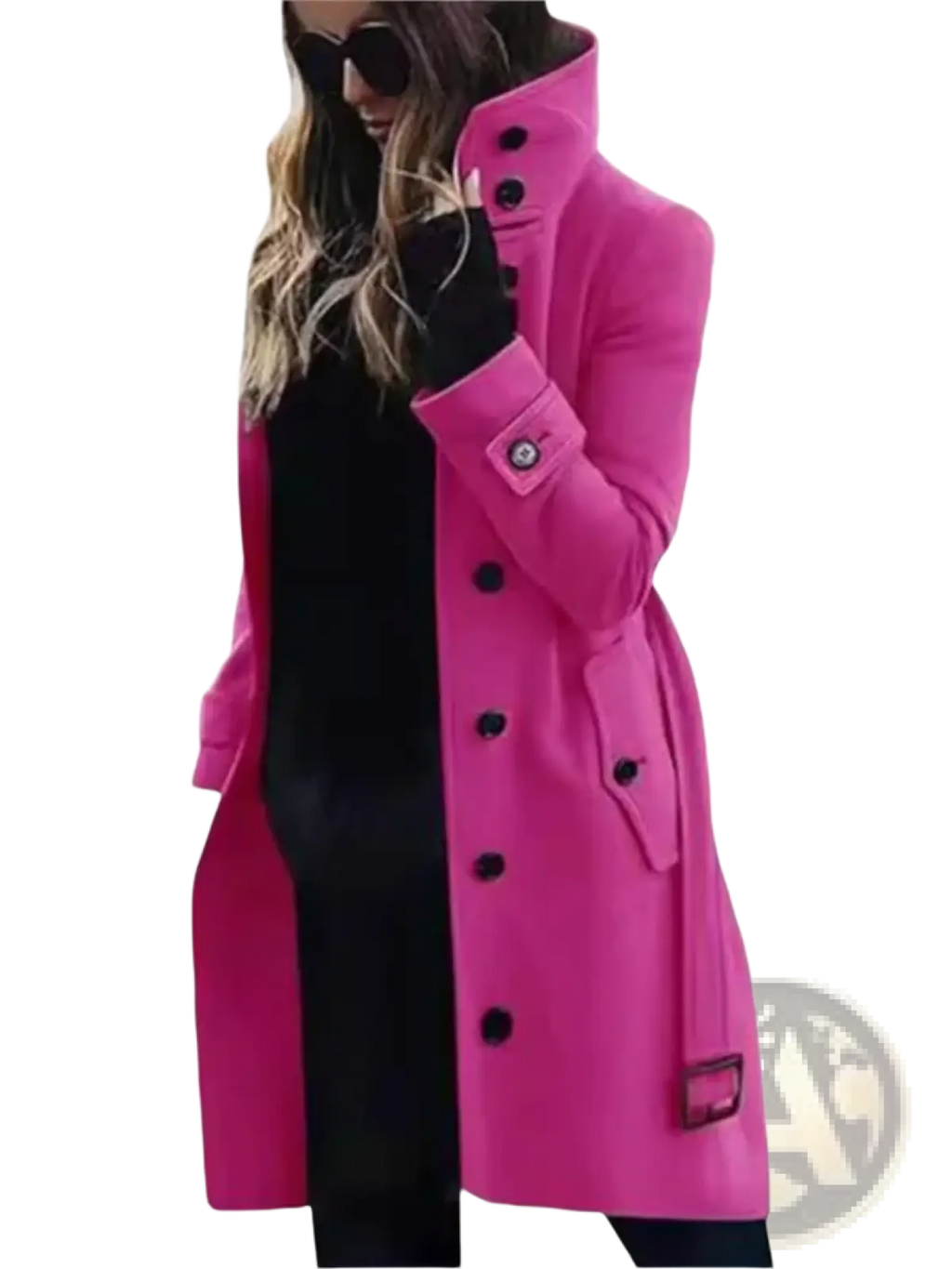 A vibrant fuchsia women wool trench coat with black buttons and structured collar for winter outerwear