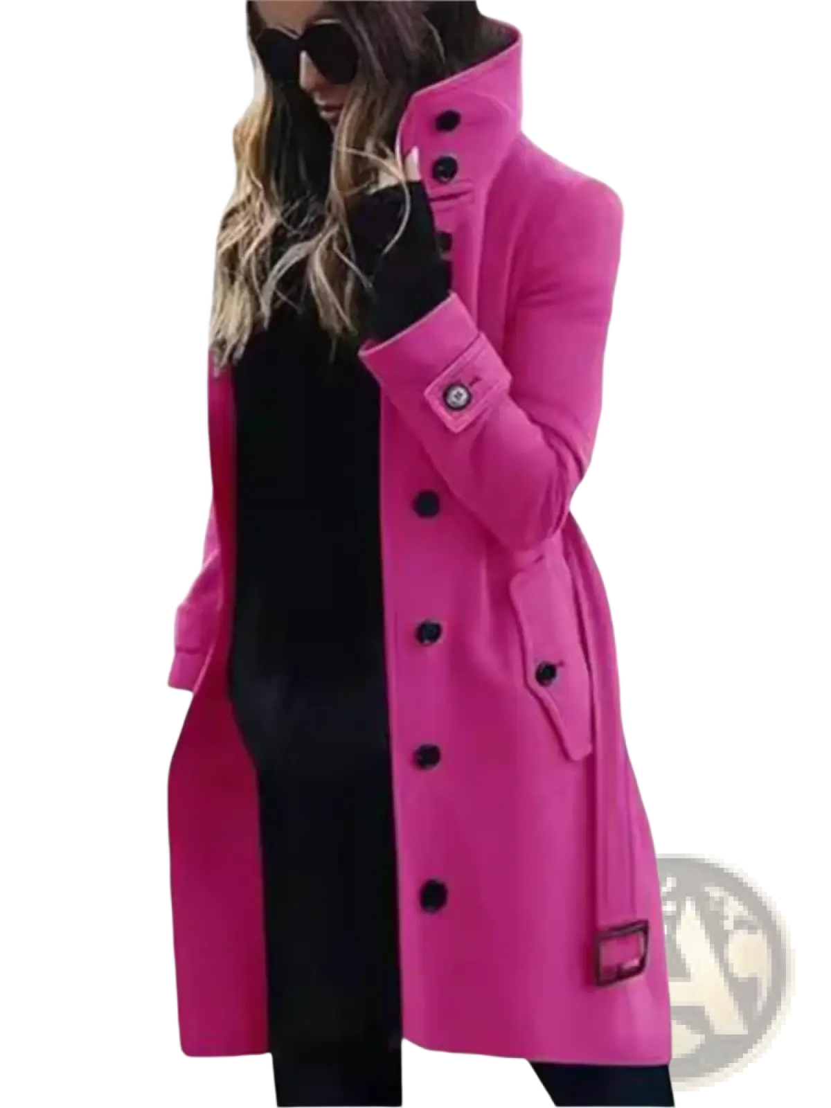 A vibrant fuchsia women wool trench coat with black buttons and structured collar for winter outerwear