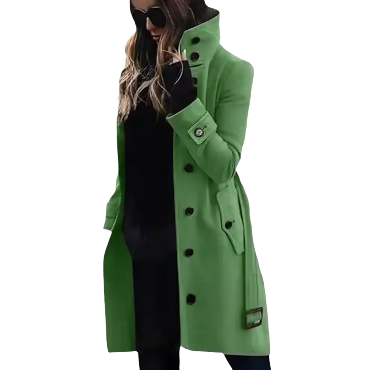 A vibrant green double-breasted women wool trench coat with black buttons and high collar for winter outerwear