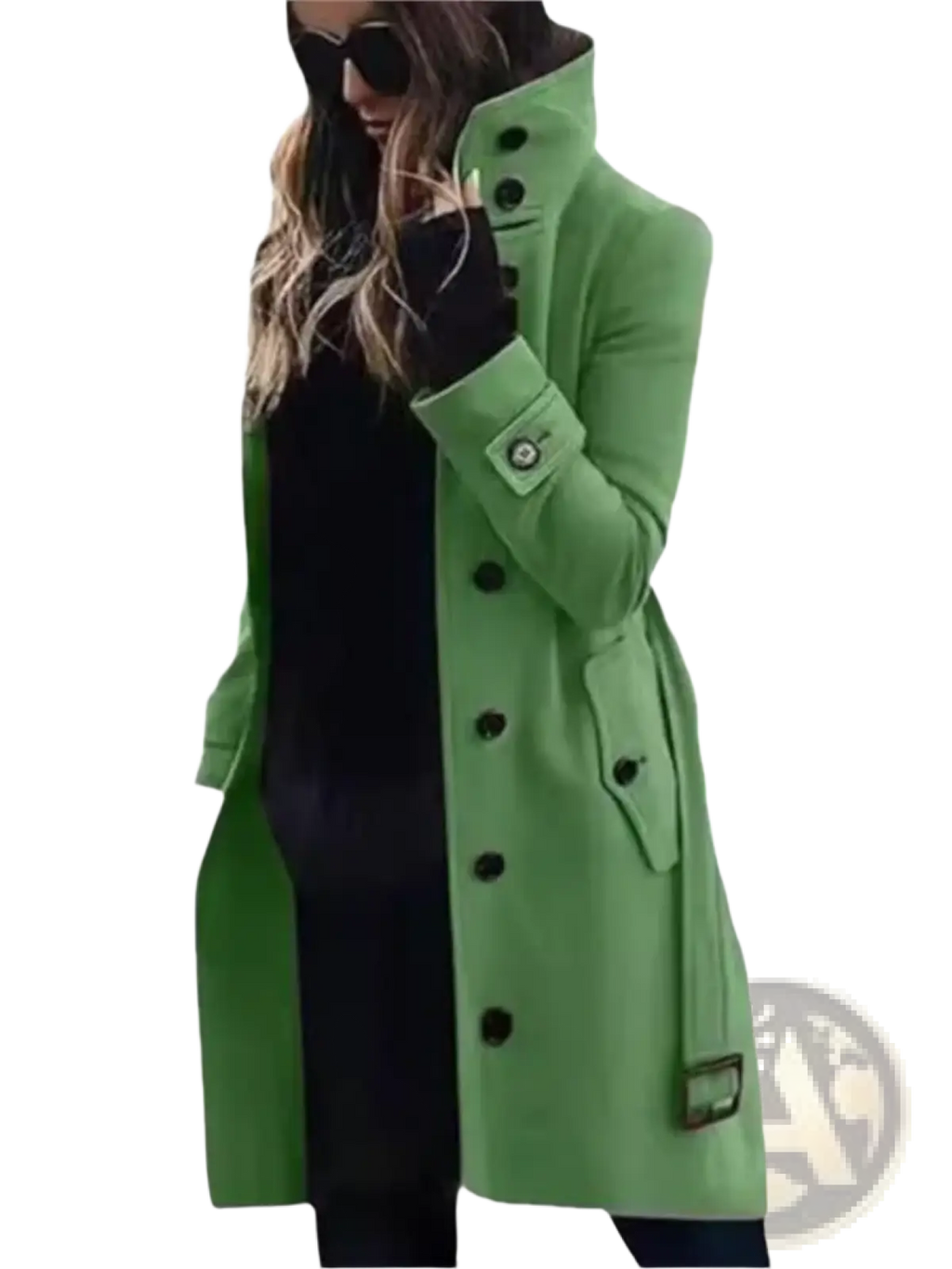 Women wool trench coat winter outerwear in vibrant green with long sleeves black buttons and a high collar