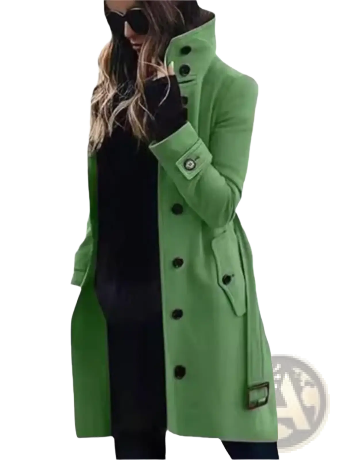 Women wool trench coat winter outerwear in vibrant green with long sleeves black buttons and a high collar
