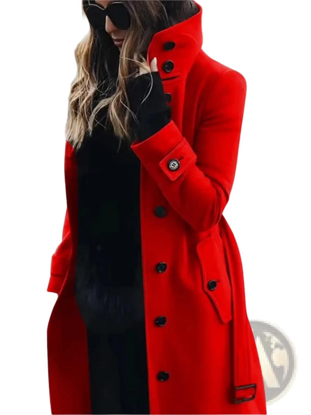 A vibrant red wool trench coat with black buttons and a high collar for women winter outerwear