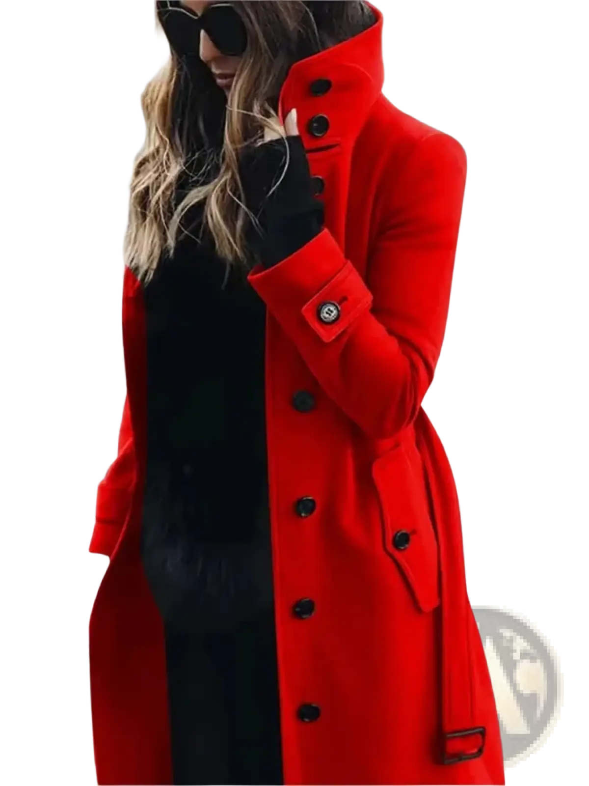 A vibrant red wool trench coat with black buttons and a high collar for women winter outerwear