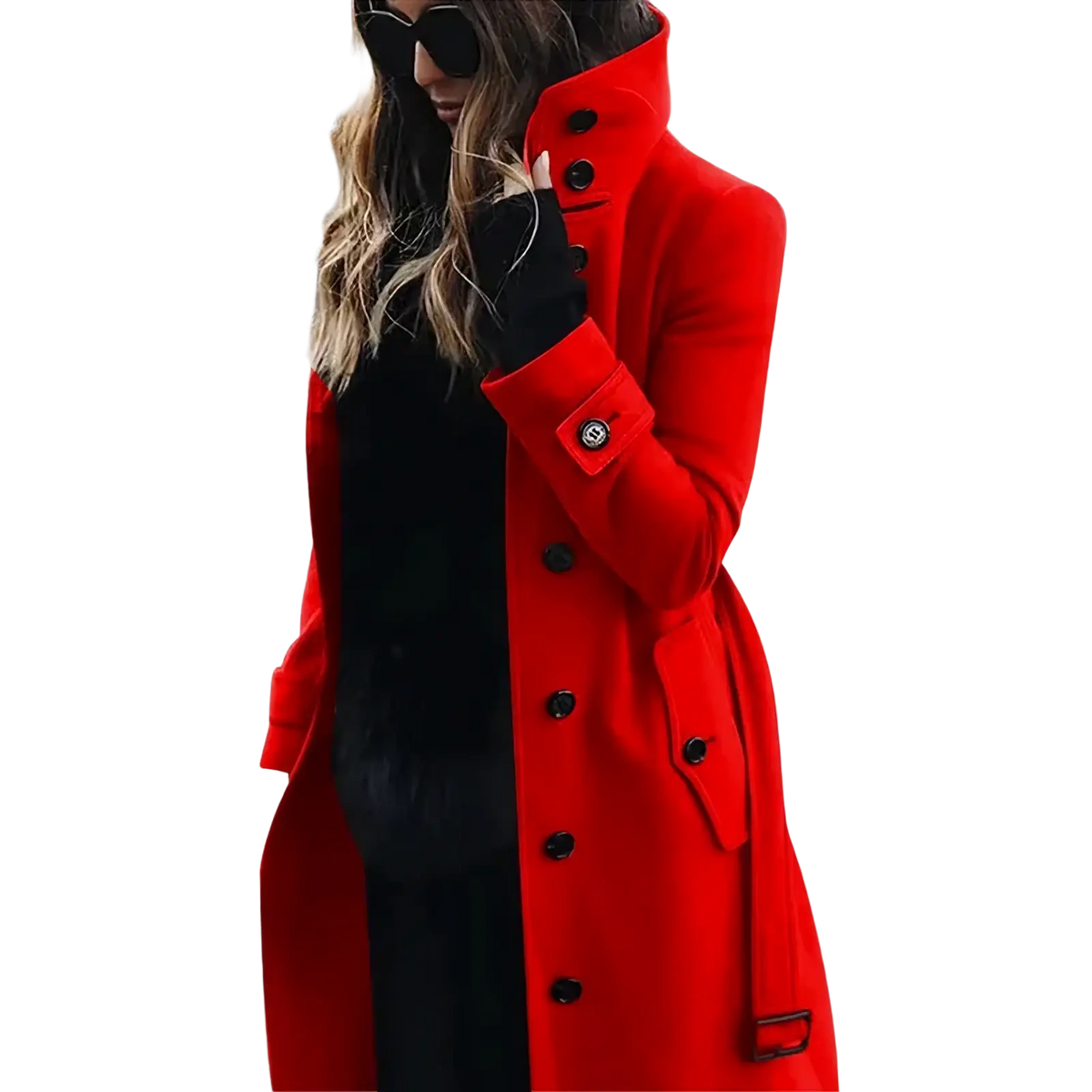 Women wool trench coat in vibrant red with black buttons and high collar for winter outerwear