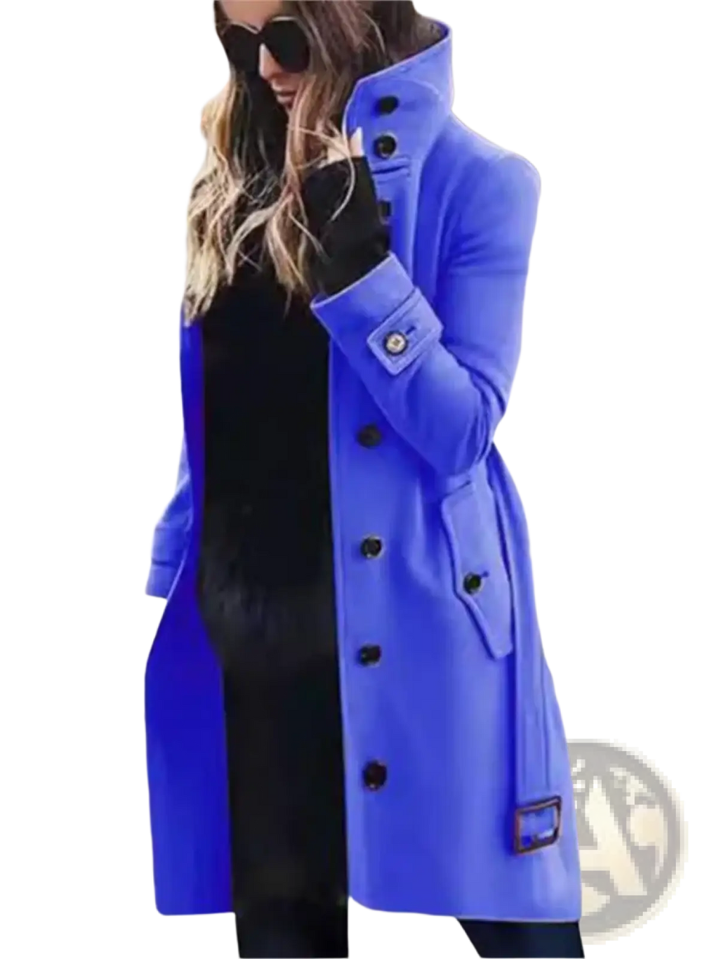 Vibrant royal blue women wool trench coat with black buttons and structured collar for winter outerwear