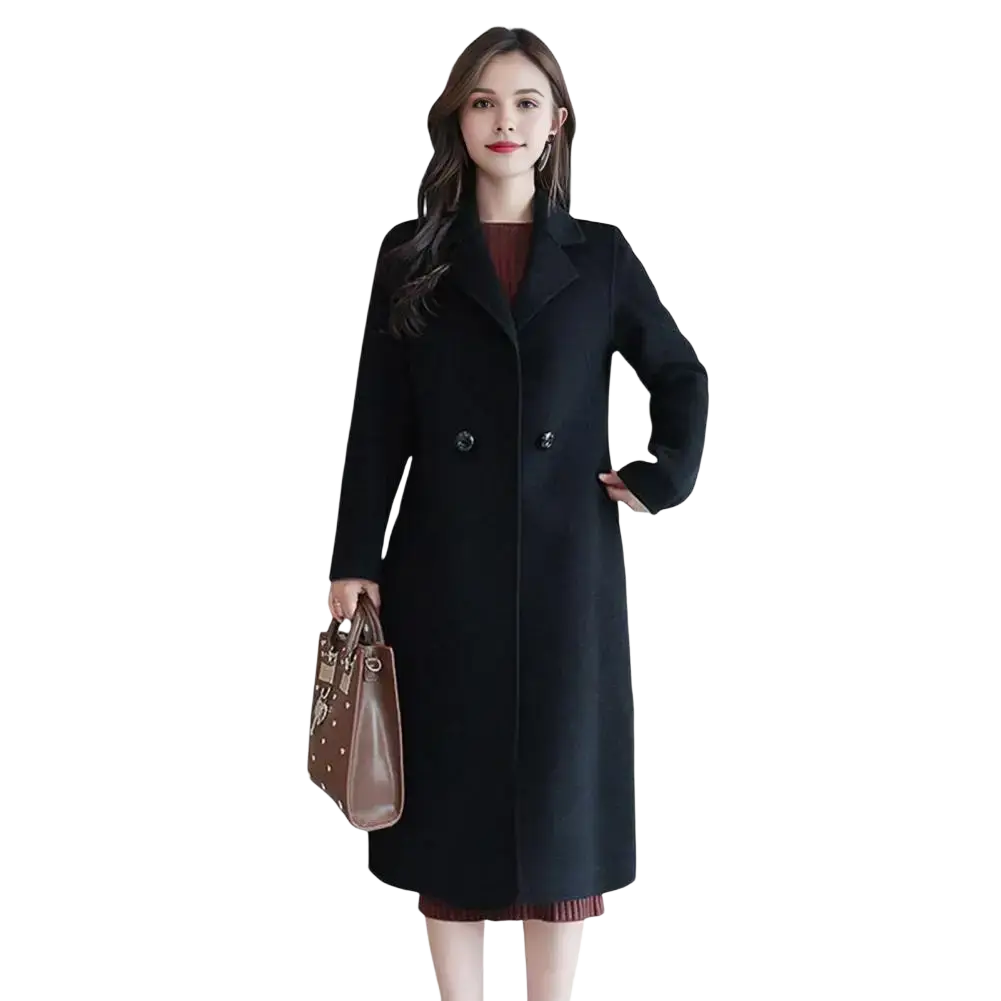 Black women wool trench coat winter peacoat with double-breasted design classic notched lapels and dark buttons