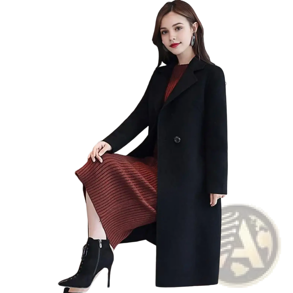 Black woolen double-breasted women wool trench coat with classic collar and button closure for winter use