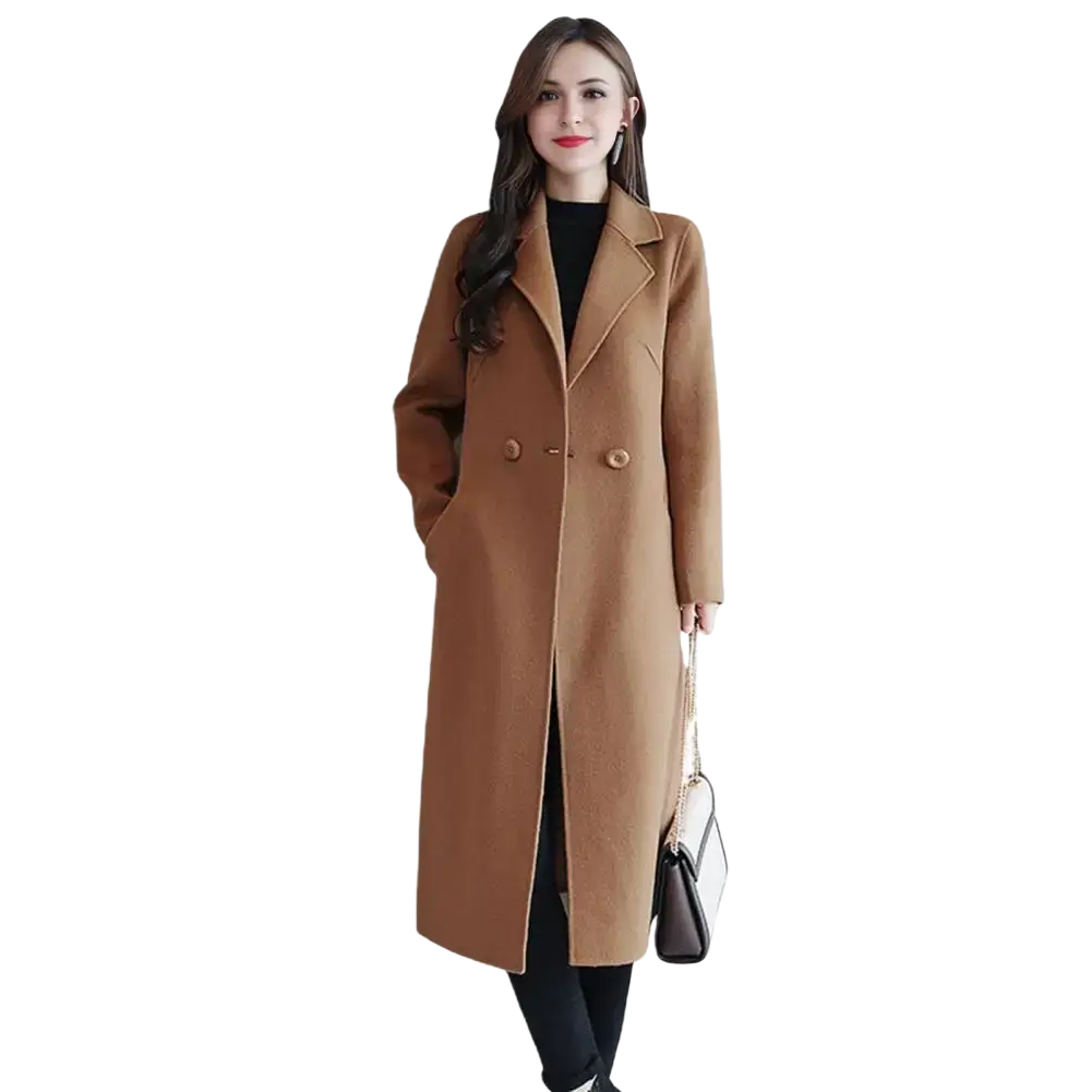 Women wool trench coat in camel color with double-breasted design and matching buttons for winter wear