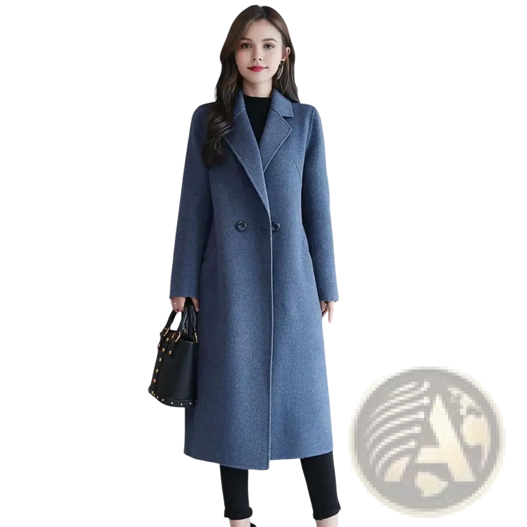A stylish navy blue wool trench coat with classic double-breasted design and notched lapels for winter use