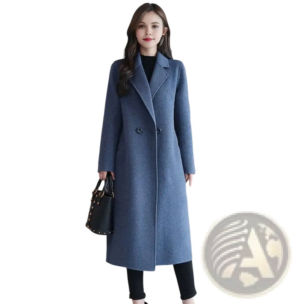 A stylish blue woolen double-breasted women wool trench coat winter peacoat with classic collar and dark buttons