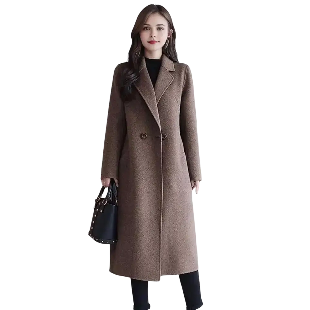 A stylish brown woolen double-breasted women wool trench coat with textured weave and classic notched lapels for winter