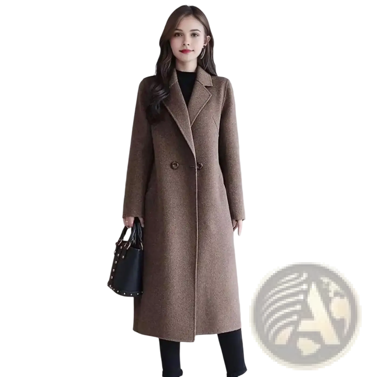 A stylish brown woolen double-breasted women wool trench coat with textured weave and classic notched lapels for winter