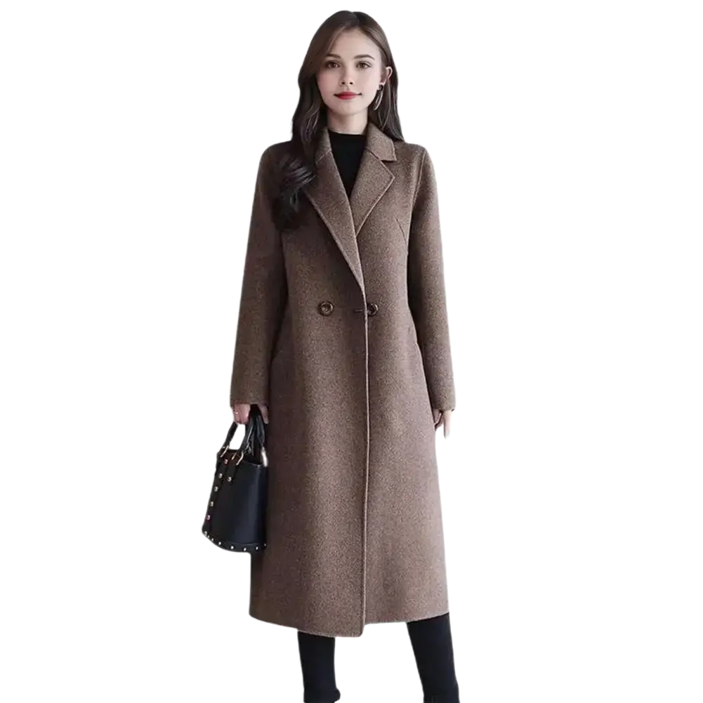 A women wool trench coat winter peacoat in long brown wool with a classic double-breasted design and subtle texture