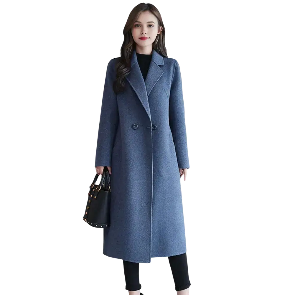 A stylish navy blue wool trench coat with classic double-breasted design and notched lapels for winter use