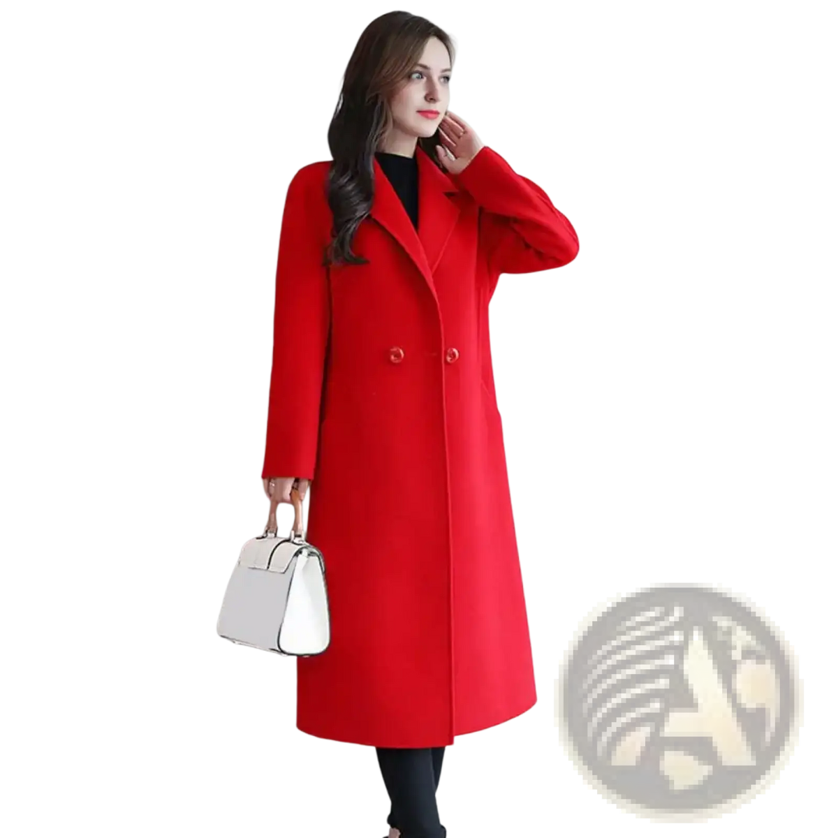 A vibrant red double-breasted wool trench coat with classic notched lapels and matching buttons for women winter wear