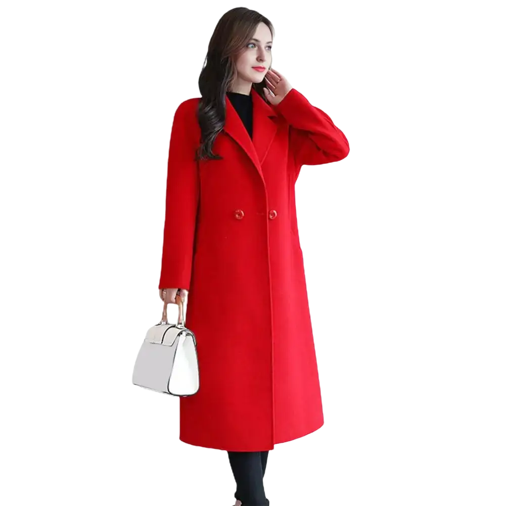 Women wool trench coat winter peacoat in vibrant red with double-breasted design and classic notched lapels