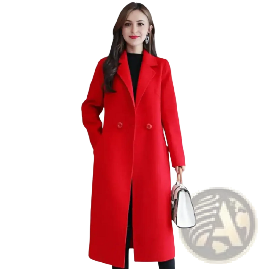 Women wool trench coat winter peacoat in vibrant red with double-breasted design and classic notched lapels