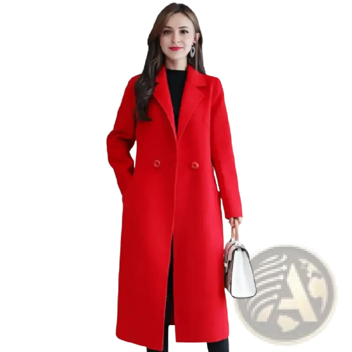Women wool trench coat winter peacoat in vibrant red with double-breasted design and classic notched lapels
