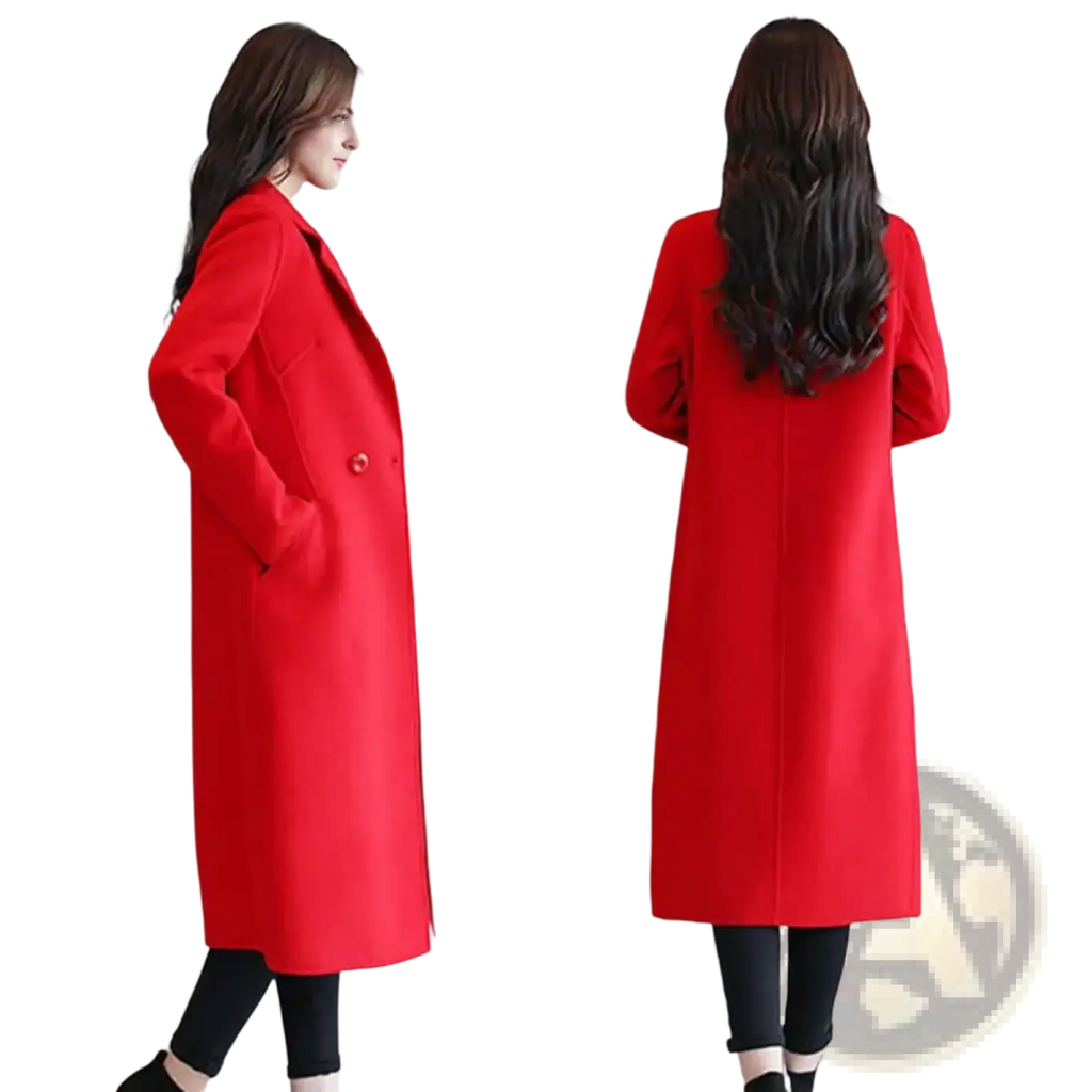 A vibrant red women wool trench coat with a longline double-breasted design and matching button closures