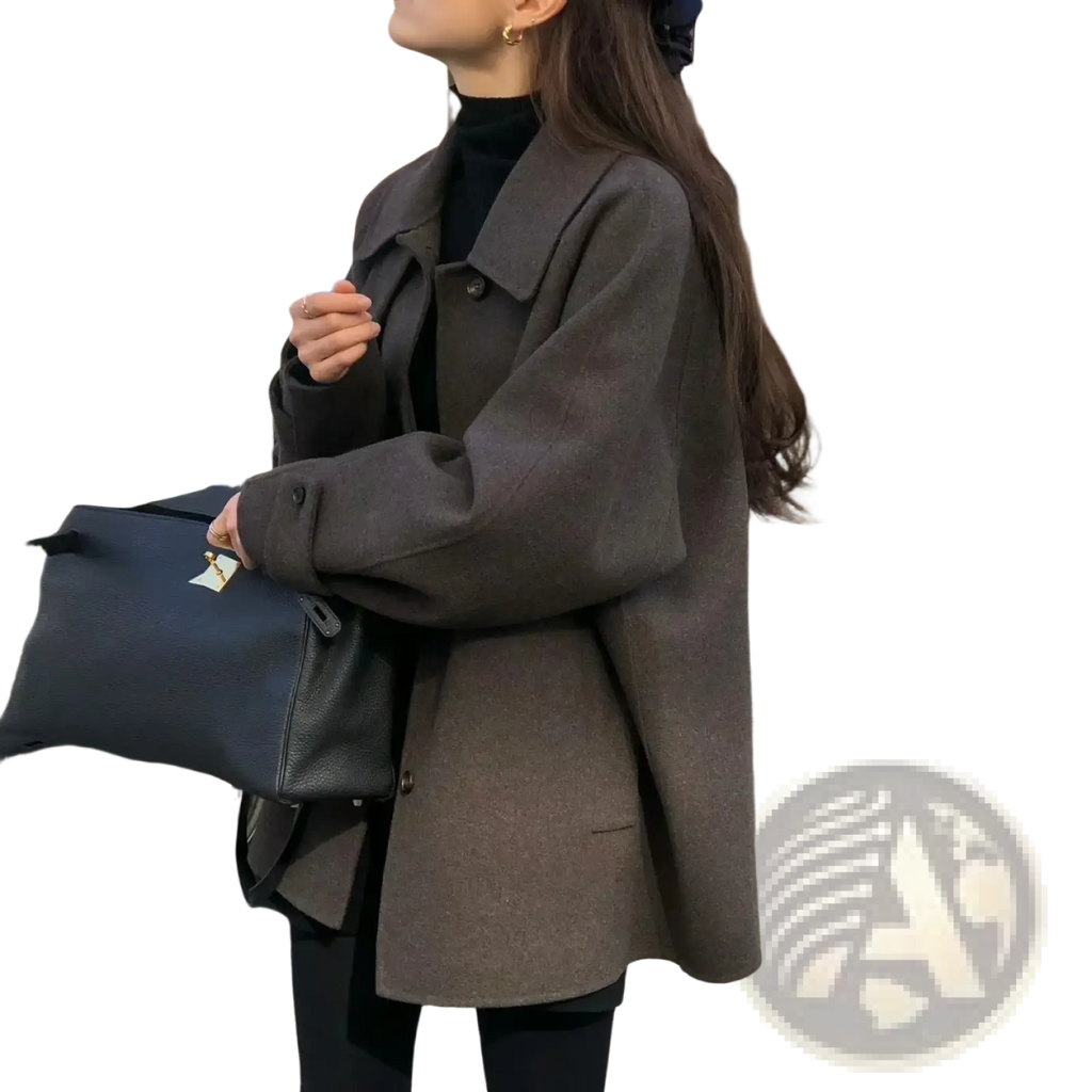 Black leather handbag with gold-tone logo tag paired with a women woolen coat elegant lapel mid-length design