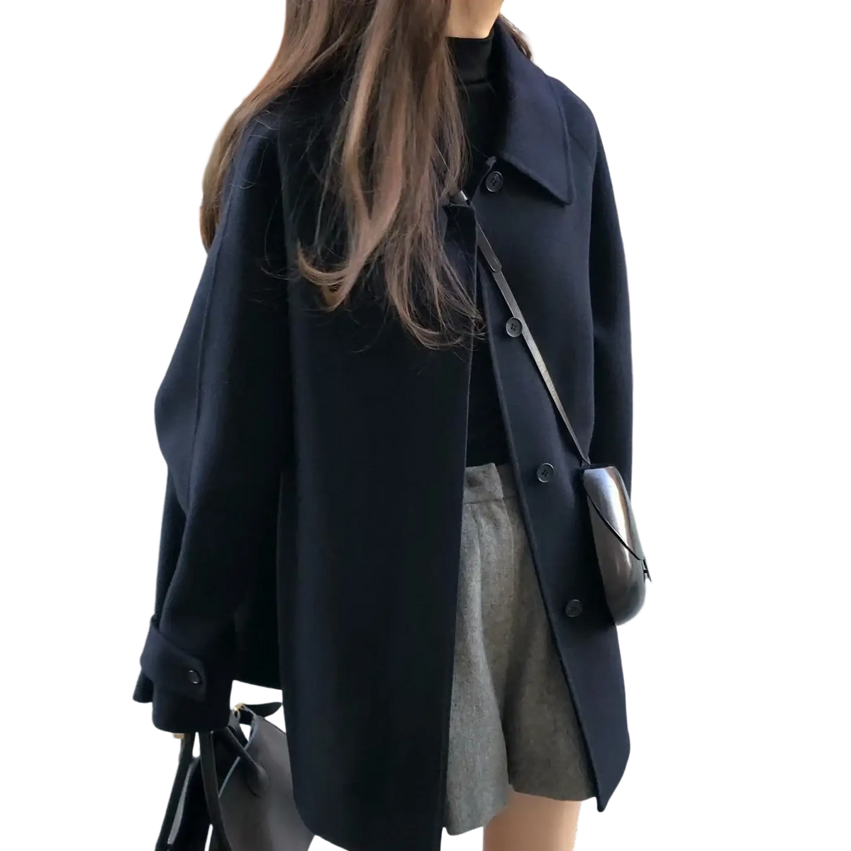 Black oversized woolen coat with classic collar and button closure elegant mid-length design for women