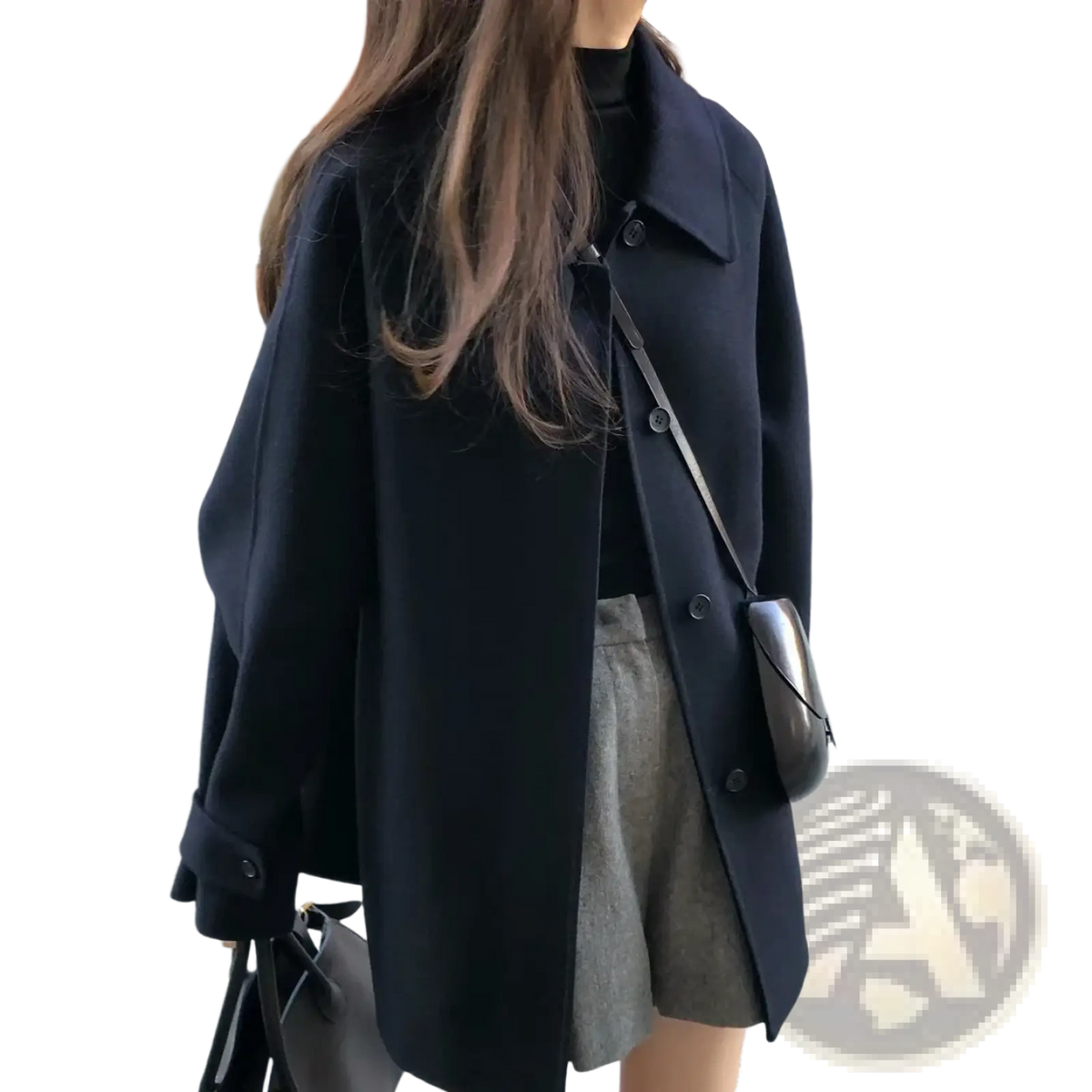 Black oversized woolen coat with classic collar and button closure elegant mid-length design for women