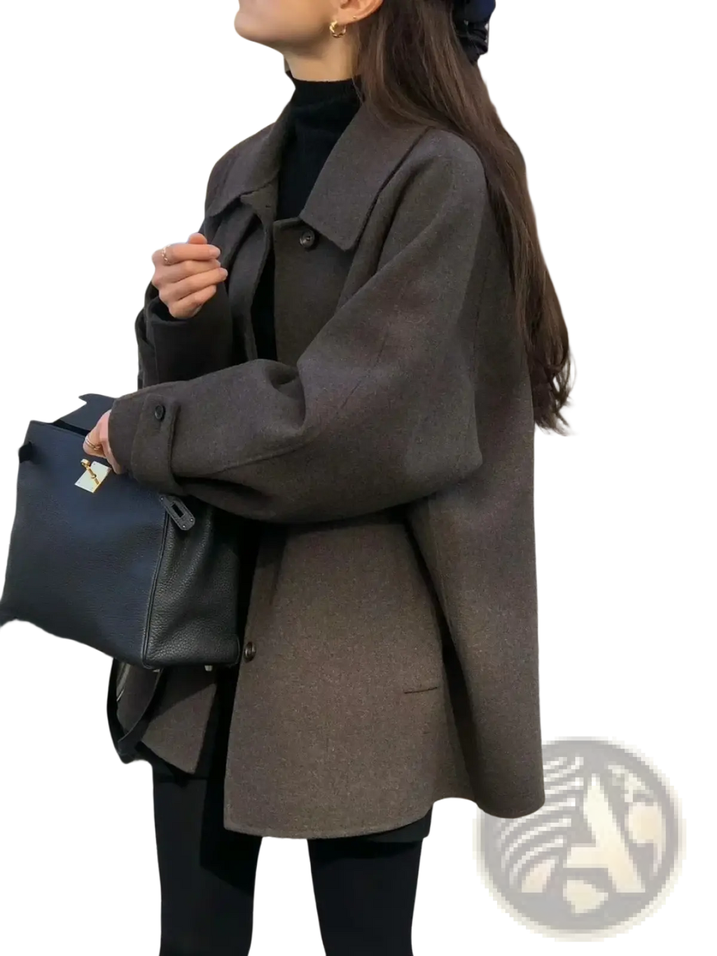 Dark gray woolen mid-length women coat with elegant structured collar and button closures