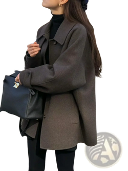 Dark gray woolen mid-length women coat with elegant structured collar and button closures