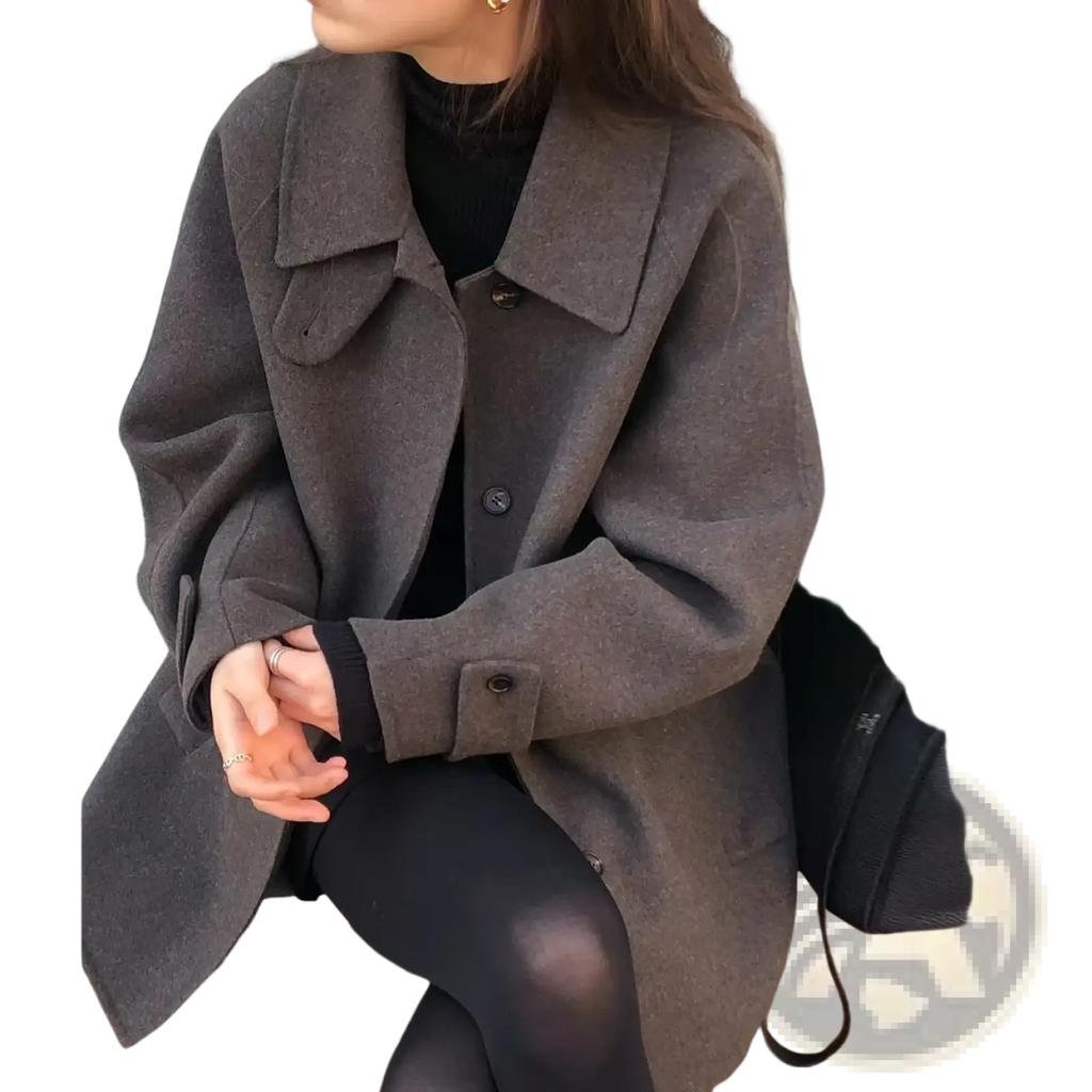 A cozy oversized gray woolen coat for women with a classic collar and buttoned cuffs mid-length design
