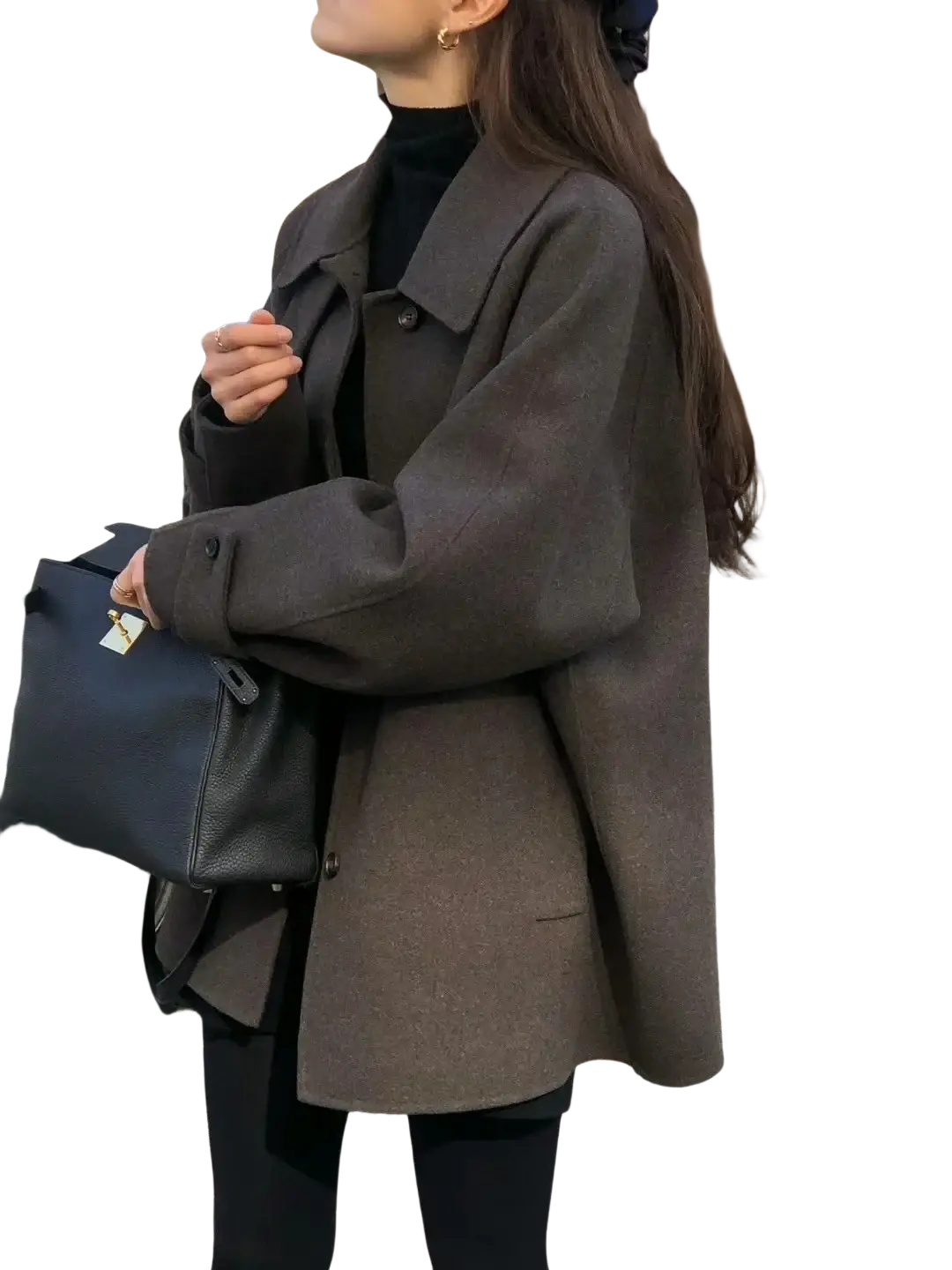 Dark gray woolen mid-length women coat with elegant structured collar and button closures