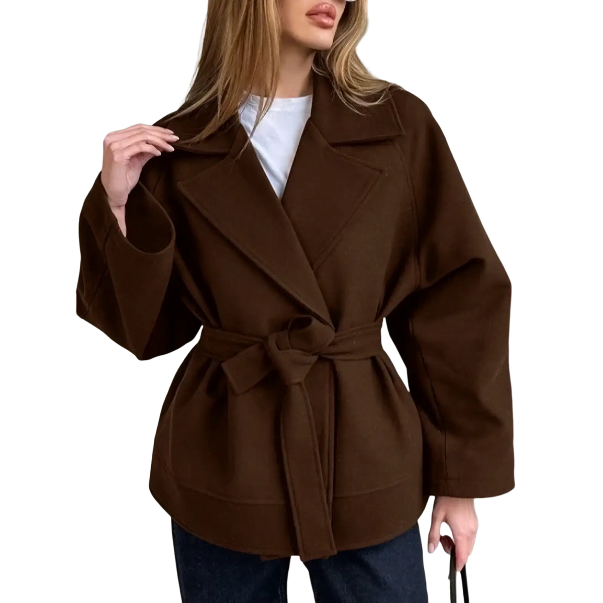 Brown belted woolen coat with structured collar and wide sleeves for women long sleeve outerwear