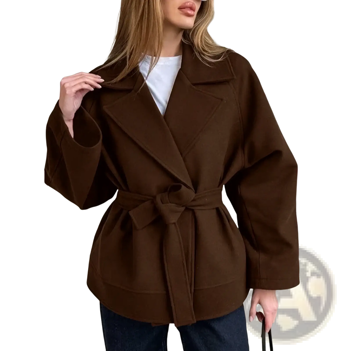 Brown belted woolen coat with structured collar and wide sleeves for women long sleeve outerwear