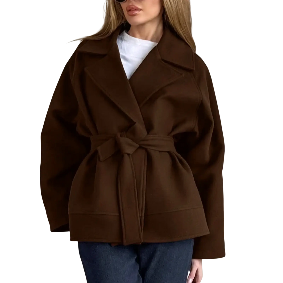 A cozy brown woolen coat for women with long sleeves, belted waist, and wide collar outerwear