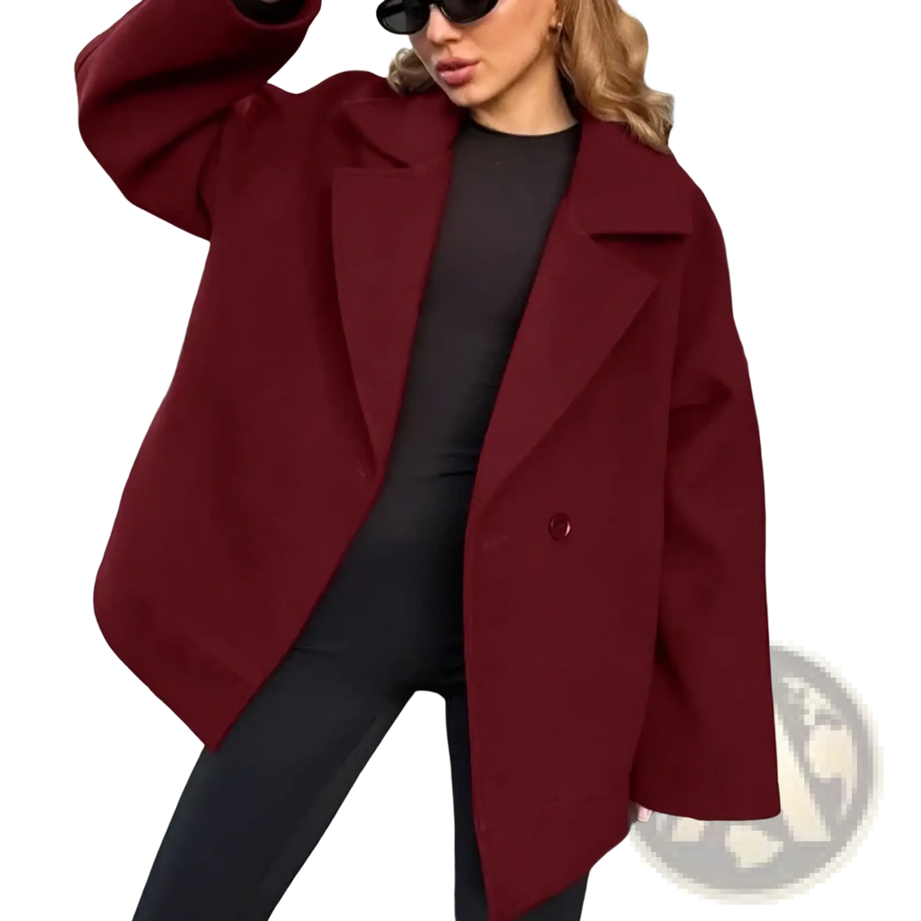 Women woolen coat long sleeve rich burgundy oversized wool with classic double-breasted design and single button closure