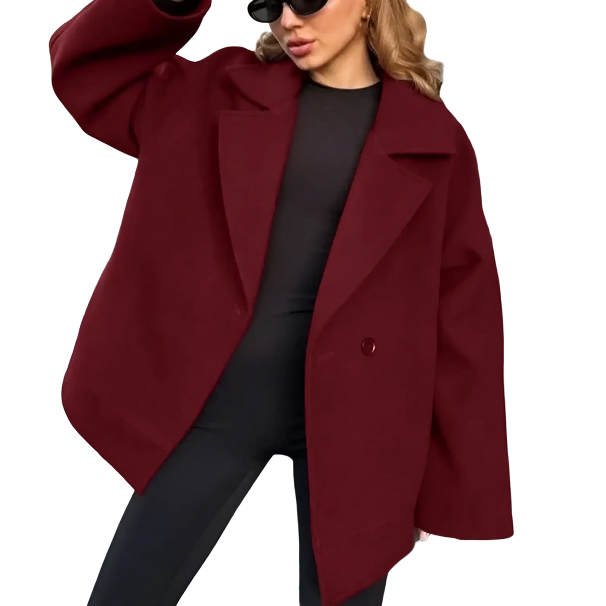 Women woolen coat long sleeve rich burgundy oversized wool with classic double-breasted design and single button closure