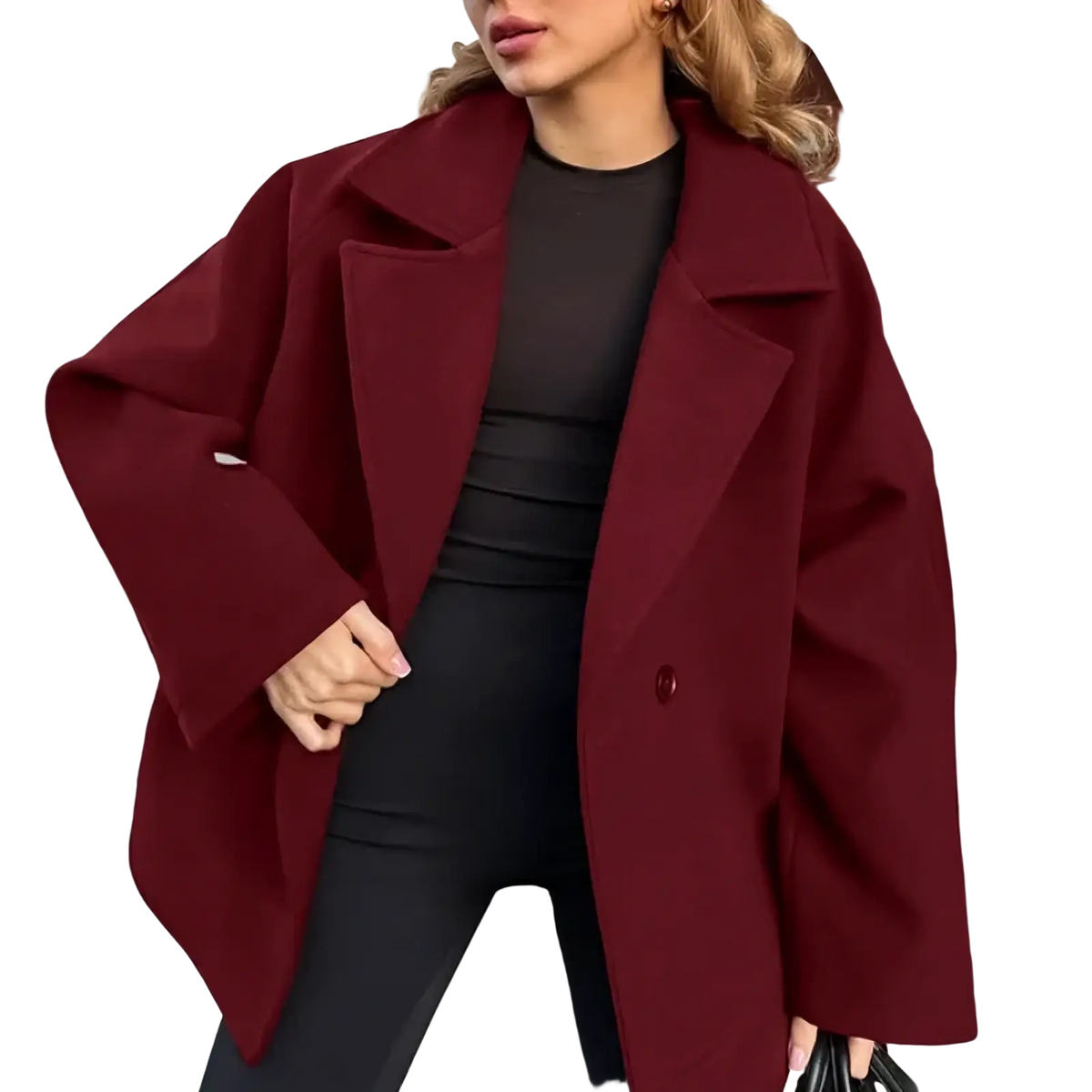 Women woolen coat in rich burgundy with oversized fit, structured collar, single button closure, and long sleeves
