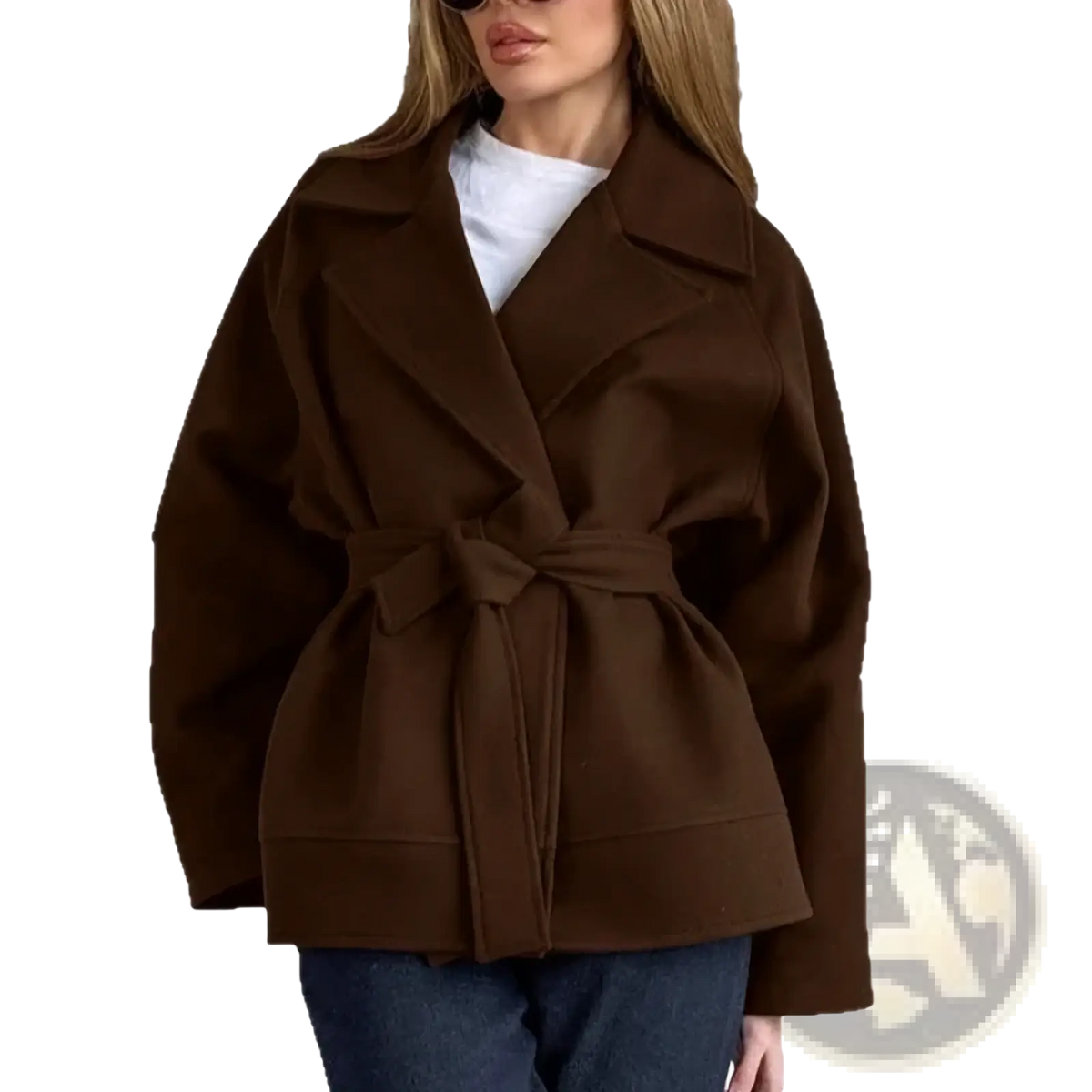 A stylish brown woolen womens coat with a belted waist structured collar and long sleeves for outerwear use