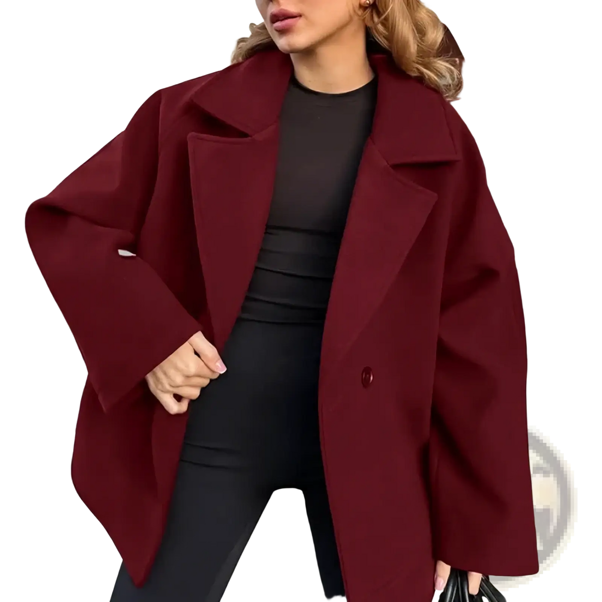 Women woolen coat in rich burgundy with oversized fit, structured collar, single button closure, and long sleeves