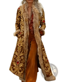 Women woolen overcoat brown with faux fur collar gold embroidery and red gemstone accents lined in beige fur