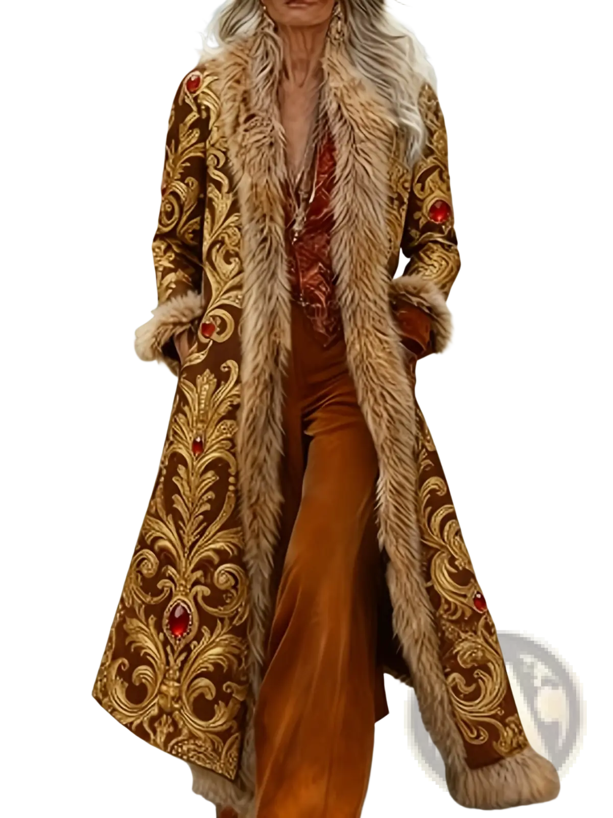 Women woolen overcoat brown with faux fur collar gold embroidery and red gemstone accents lined in beige fur