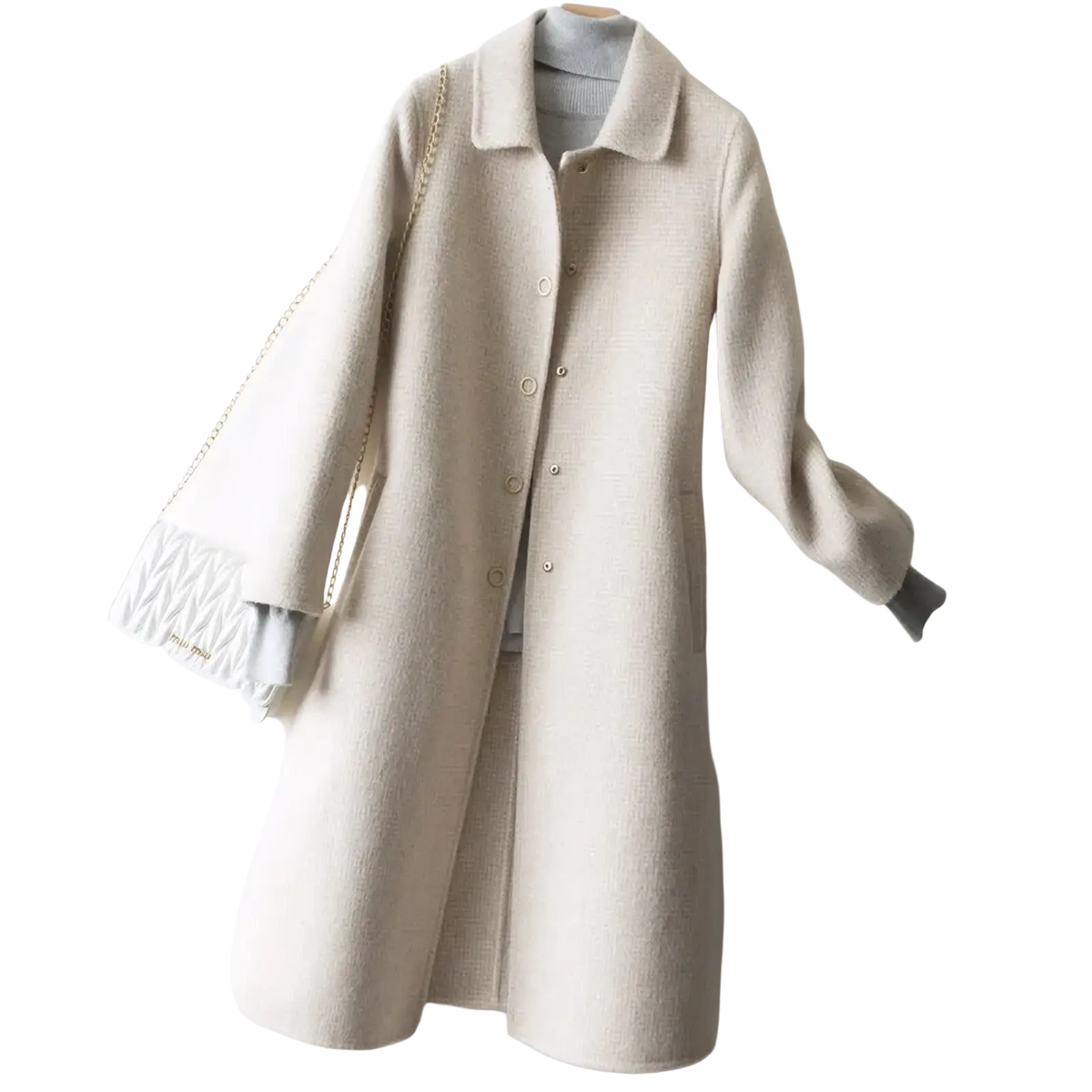 Beige woolen plaid long coat with classic collar button closure subtle texture and long sleeves for winter outerwear