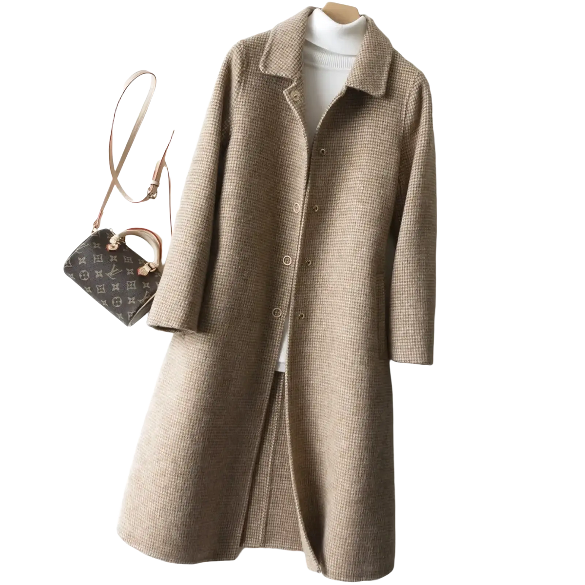 Beige herringbone woolen long coat for women with classic collar and button front winter outerwear