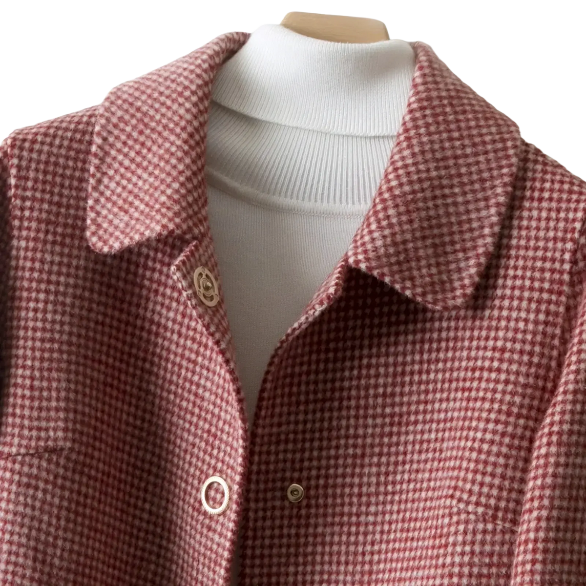 A cozy red and white houndstooth woolen plaid long coat with classic collar and buttons for winter outerwear
