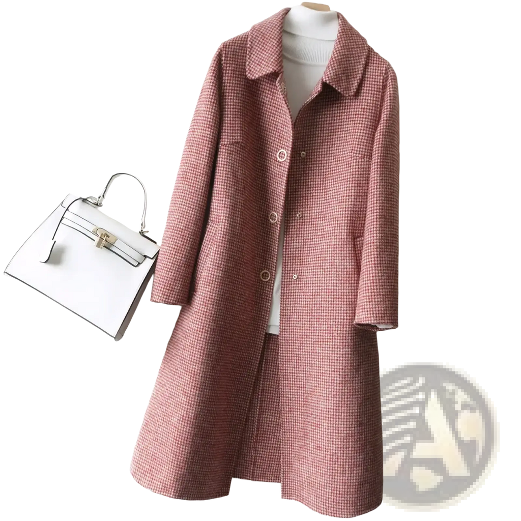Women woolen plaid long coat pink houndstooth wool with classic collar and button closure for winter outerwear