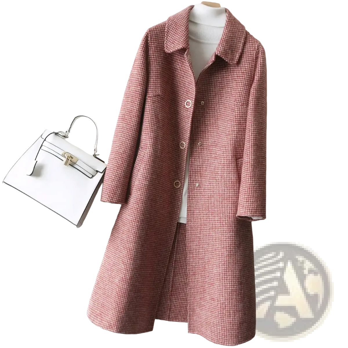Women woolen plaid long coat pink houndstooth wool with classic collar and button closure for winter outerwear