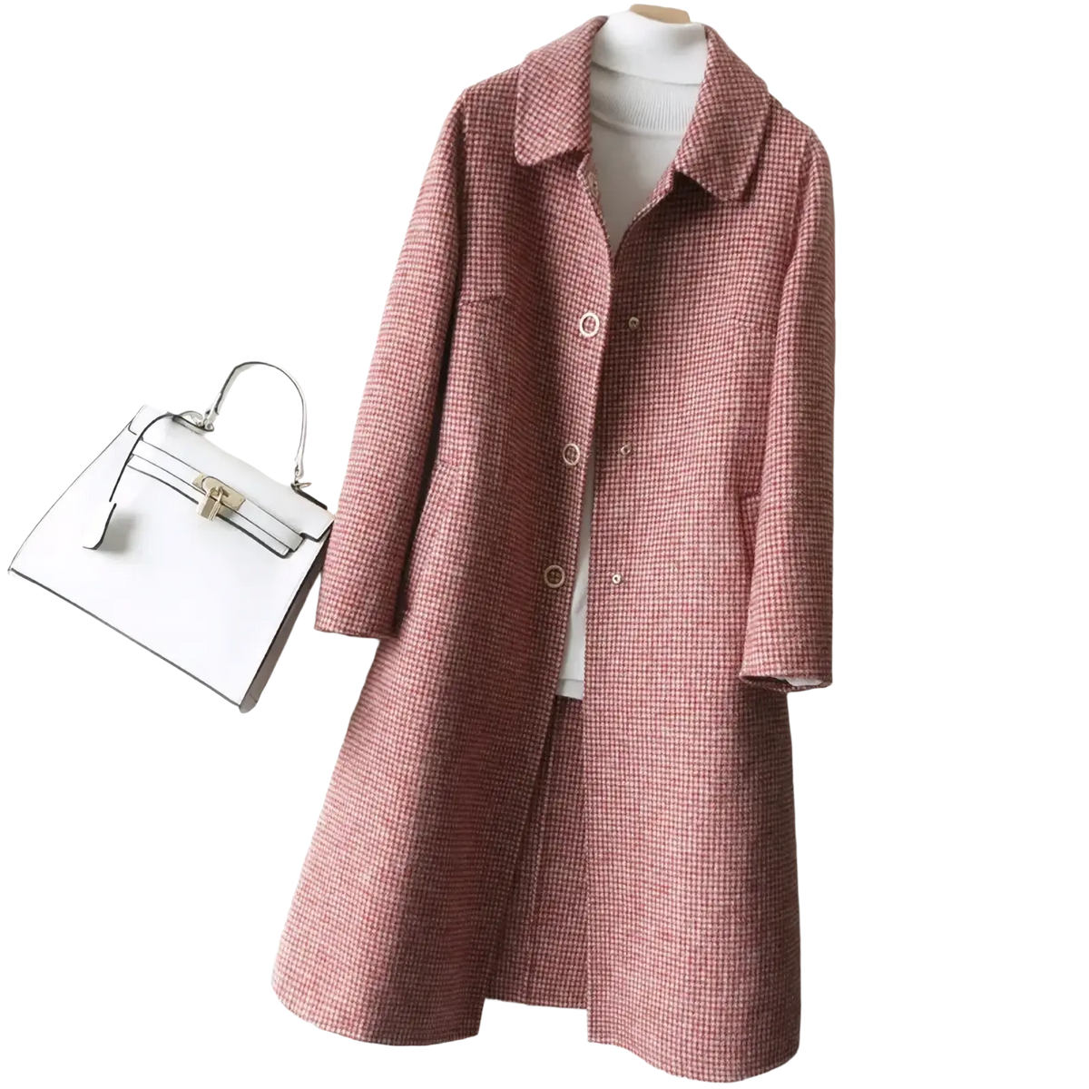 Women woolen plaid long coat pink houndstooth wool with classic collar and button closure for winter outerwear