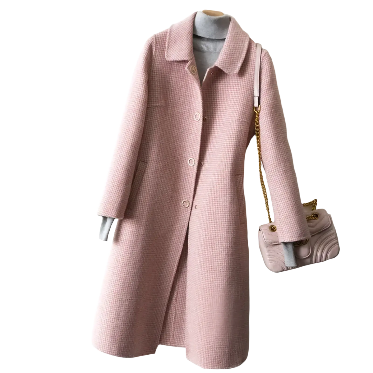 Women woolen plaid long coat winter outerwear soft pink textured wool coat with classic collar and button closure