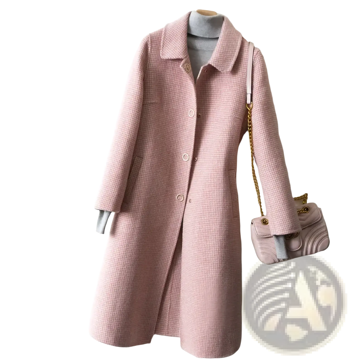 Women woolen plaid long coat in soft pink textured wool with classic collar and button closure for winter outerwear