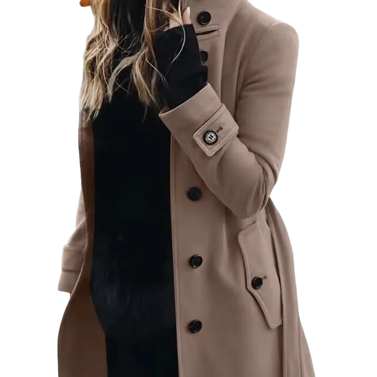 Beige woolen trench coat with black buttons and a subtle logo patch on the cuff for casual winter outerwear